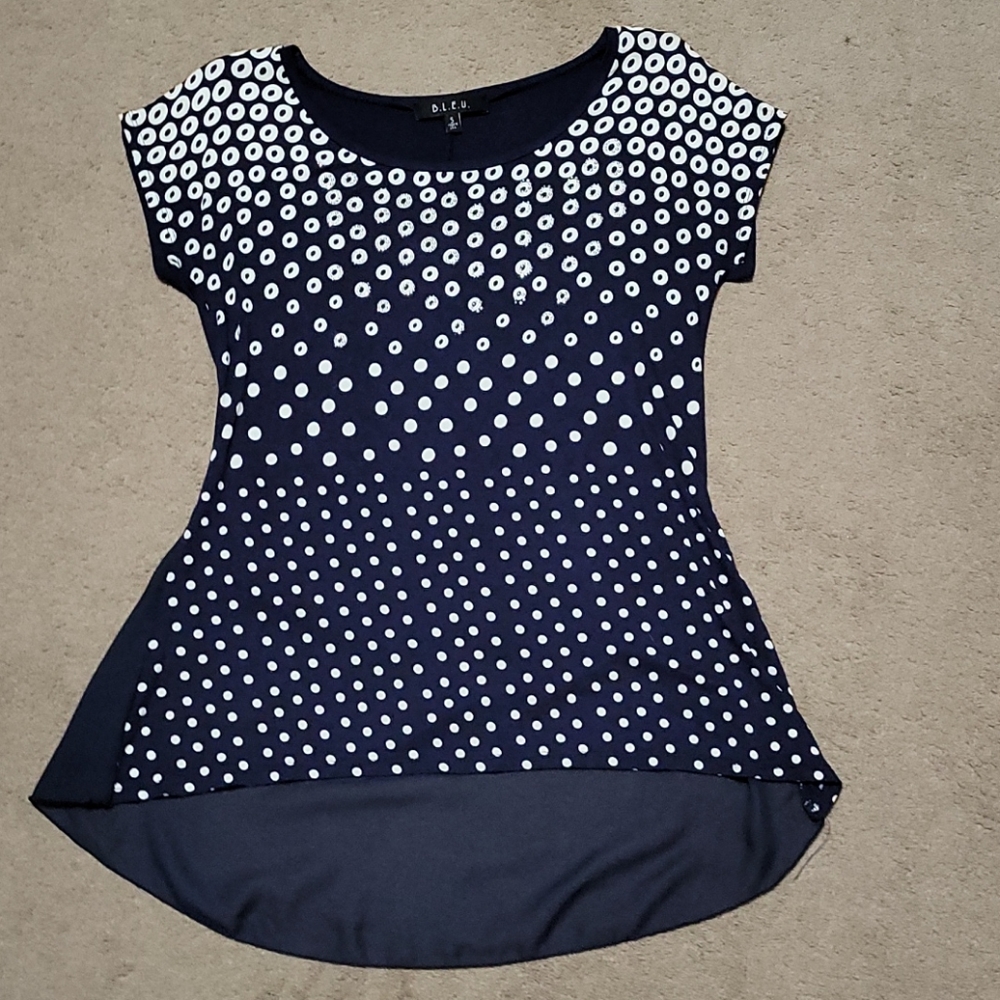 B.L.E.U., size small, navy, white and silver top
